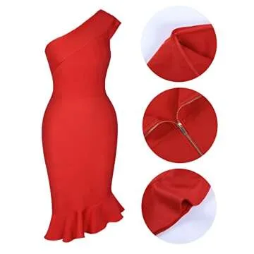 Maketina Women's Sexy One Shoulder Bodycon Bandage Dress - Trendy Mermaid Midi Dress in Red
