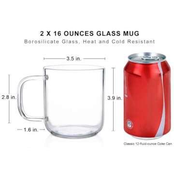 Aquach Glass Mugs 16 oz Set of 2, Large Clear Glass Cup with Handle for Hot/Cold Coffee Tea Beverage...