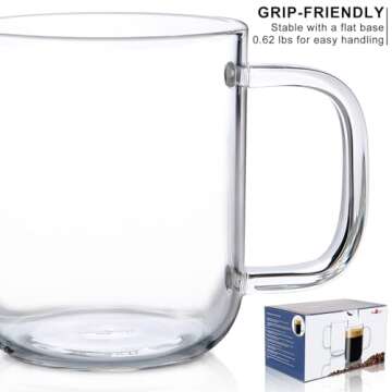Aquach Glass Mugs 16 oz Set of 2, Large Clear Glass Cup with Handle for Hot/Cold Coffee Tea Beverage, Drinking Glasses