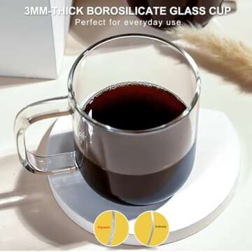 Aquach Glass Mugs 16 oz Set of 2, Large Clear Glass Cup with Handle for Hot/Cold Coffee Tea Beverage, Drinking Glasses