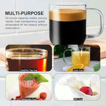 Aquach 16 oz Glass Mugs Set of 2 for Coffee and Tea