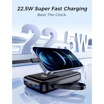 Power Bank, 15000mAh Portable Charger with Built-in Cable, 22.5W Fast Charging, 6 Outputs, Slim Trav...