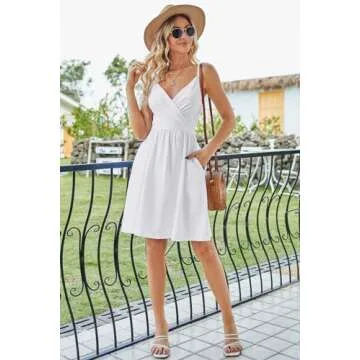 Newshows Women's 2024 Summer White Graduation Dress Spaghetti Strap Sleeveless V Neck Casual Swing Sundress with Pockets(White,Small)