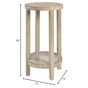 Martha Stewart Harley Accent Tables Modern Farmhouse, Rattan Shelving Design, Round Tabletop Living Room Furniture Occasional Piece, Dia. 15" X 28", Wheat