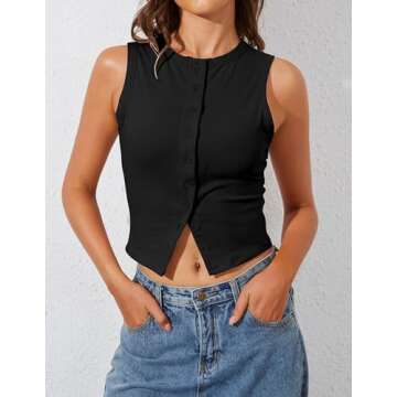 Ziesexy High Neck Tank Tops for Women Button Front Sleeveless Summer Cropped Tank Casual Slim Fitted...