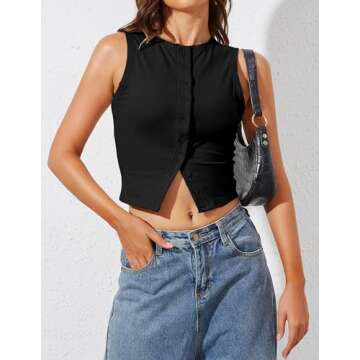 Ziesexy High Neck Tank Tops for Women Button Front Sleeveless Summer Cropped Tank Casual Slim Fitted Tank Tops Black