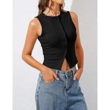 Ziesexy High Neck Tank Tops for Women Button Front Sleeveless Summer Cropped Tank Casual Slim Fitted Tank Tops Black