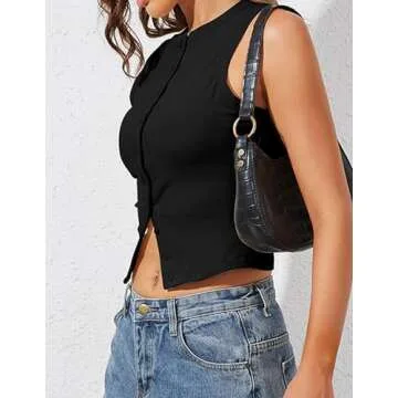Ziesexy High Neck Tank Tops for Women Button Front Sleeveless Summer Cropped Tank Casual Slim Fitted Tank Tops Black
