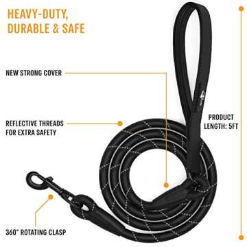 ACTIVE PETS Strong Dog Rope Leash with Soft Comfortable Padded Handle and Highly Reflective Threads, Dog Leash for Small Medium and Large Dogs, Puppy Leash for Training Running and Walking Black