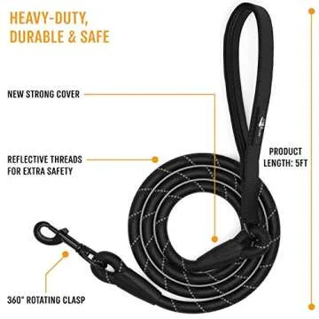 ACTIVE PETS Strong Dog Rope Leash with Soft Comfortable Padded Handle and Highly Reflective Threads, Dog Leash for Small Medium and Large Dogs, Puppy Leash for Training Running and Walking Black