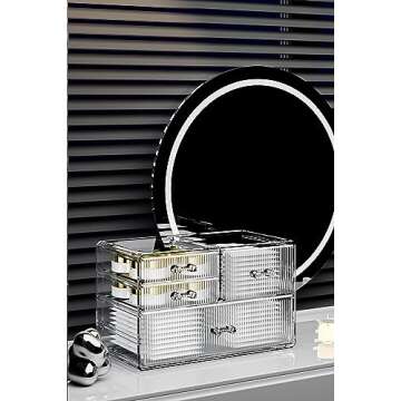 ZHIAI Stackable Storage Drawers, Acrylic Bathroom Counter Organizer Clear Makeup Organizers for Vanity, Kitchen Cabinets, Bathroom, Undersink, Home Organization and Storage (4 Drawers, Pattern B)