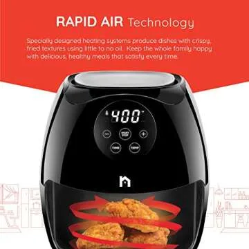 New House Kitchen Digital 3.5 Liter Air Fryer w/ Flat Basket, Touch Screen AirFryer, Non-Stick Dishwasher-Safe Basket, Use Less Oil For Fast Healthier Food, 60 Min Timer & Auto Shut Off, Black