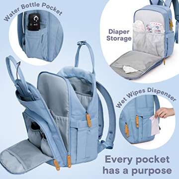 RUVALINO Diaper Bag Backpack, Multifunction Travel Pack Maternity Baby Changing Bags, Large Capacity, Waterproof, Sky Blue