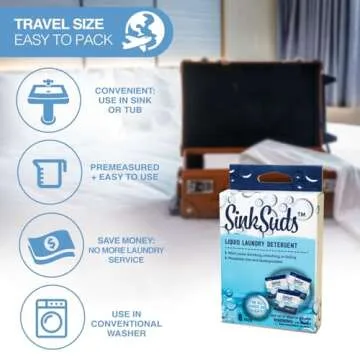 SinkSuds Laundry Detergent Travel Size Liquid Soap TSA Compliant Safe for All Fabrics 12 Packets & 2 Sink Stoppers
