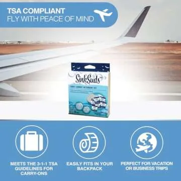 SinkSuds Laundry Detergent Travel Size Liquid Soap TSA Compliant Safe for All Fabrics 12 Packets & 2 Sink Stoppers