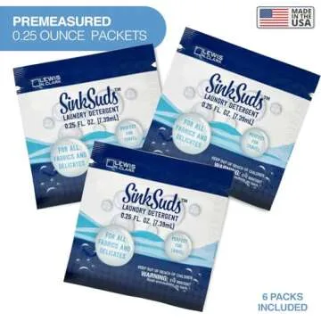 SinkSuds Laundry Detergent Travel Size Liquid Soap TSA Compliant Safe for All Fabrics 12 Packets & 2 Sink Stoppers