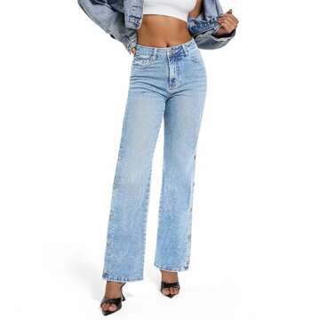 Trendy ETTELO Women’s High-Waisted Jeans with Side Slits