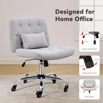 iMenting Criss Cross Chair with Rubber Wheels, Armless Office Desk Chair with Lumbar Pillow, Wide Comfy Vanity Rolling Swivel Modern Comfortable Fabric Computer Task Chairs for Home Office (Grey)