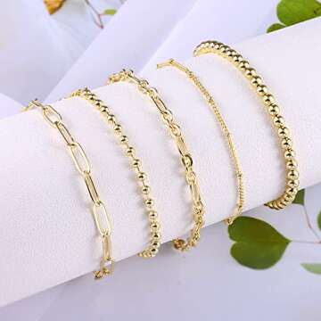 BOUTIQUELOVIN Gold Bracelets for Women Dainty Bracelets Stack Set for Women Trendy 14K Gold Chain Paperclip Link Bead Bracelet Stackable Layered Bracelet Fashion Jewelry
