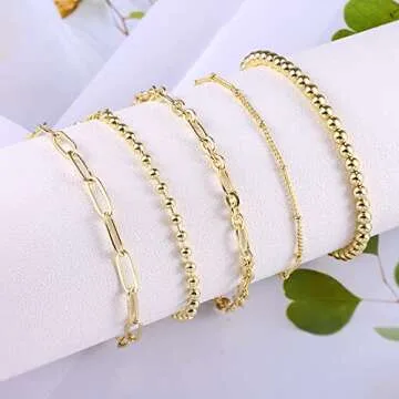 BOUTIQUELOVIN Gold Bracelets for Women Dainty Bracelets Stack Set for Women Trendy 14K Gold Chain Paperclip Link Bead Bracelet Stackable Layered Bracelet Fashion Jewelry