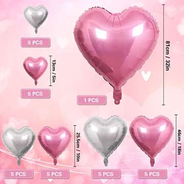 Songjum 31PCS Valentines Day Heart Foil Balloons Pink and Silver Heart Balloons with 32 Inch Pink He...
