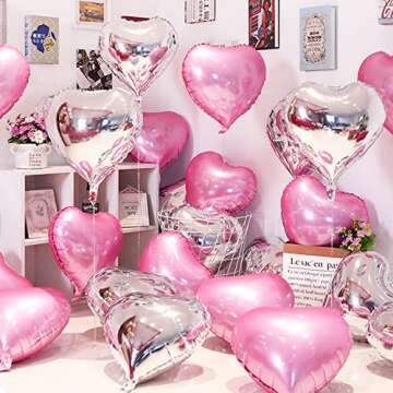 Songjum 31PCS Valentines Day Heart Foil Balloons Pink and Silver Heart Balloons with 32 Inch Pink Heart Halloon Large for Valentines Day Romantic Decorations Engagement Wedding Anniversary Brithday