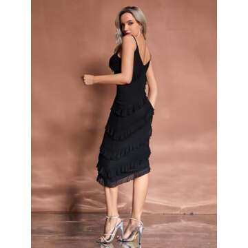 MakeMeChic Women's Elegant V Neck Ruffle Trim Cocktail Dress Spaghetti Strap Asymmetrical Hem Midi Dress Black S