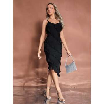 MakeMeChic Women's Elegant V Neck Ruffle Trim Cocktail Dress Spaghetti Strap Asymmetrical Hem Midi Dress Black S