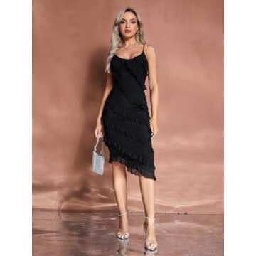 MakeMeChic Women's Elegant V Neck Ruffle Trim Cocktail Dress Spaghetti Strap Asymmetrical Hem Midi Dress Black S