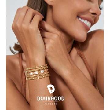 doubgood Gold Bracelets for Women 14K Gold Plated Gold Bracelet Stack Beaded Pearl Bracelets Stretch...