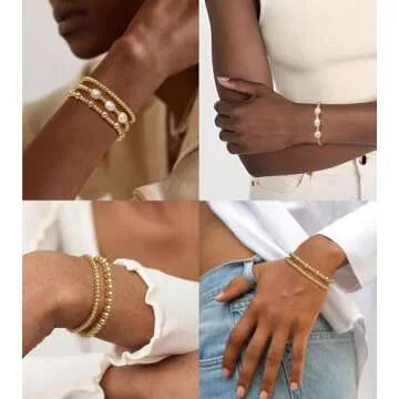 doubgood Gold Bracelets for Women 14K Gold Plated Gold Bracelet Stack Beaded Pearl Bracelets Stretch Bead Ball Bracelet Sets Stackable Jewelry for Mother's Day Valentines Day Gifts Christmas