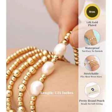 doubgood Gold Bracelets for Women 14K Gold Plated Gold Bracelet Stack Beaded Pearl Bracelets Stretch Bead Ball Bracelet Sets Stackable Jewelry for Mother's Day Valentines Day Gifts Christmas