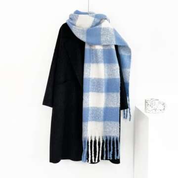 OUNIYA Big Chunky Plaid Scarf Colorful Checked Oversized Thick Scarves Soft Large Cashmere Wool Shawl Winter Warm Blanket Women (blue white checked)