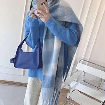 OUNIYA Big Chunky Plaid Scarf Colorful Checked Oversized Thick Scarves Soft Large Cashmere Wool Shawl Winter Warm Blanket Women (blue white checked)