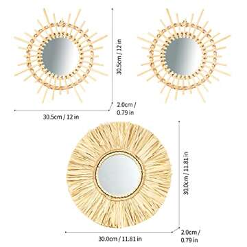 glowiu Home Decor Natural Rattan Wall Mirror 3 Pack, Bohemian Wall Hanging Mirrors, Boho Rattan Raff...