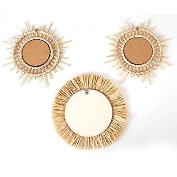 glowiu Home Decor Natural Rattan Wall Mirror 3 Pack, Bohemian Wall Hanging Mirrors, Boho Rattan Raffia Mirrors 3pc for Bedroom Living Room Hallway Bathroom Party Gift for Festival