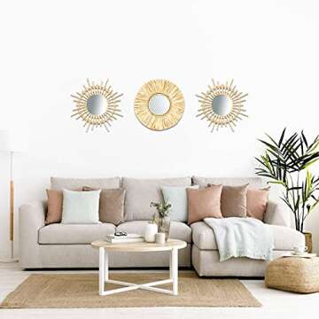 glowiu Home Decor Natural Rattan Wall Mirror 3 Pack, Bohemian Wall Hanging Mirrors, Boho Rattan Raffia Mirrors 3pc for Bedroom Living Room Hallway Bathroom Party Gift for Festival