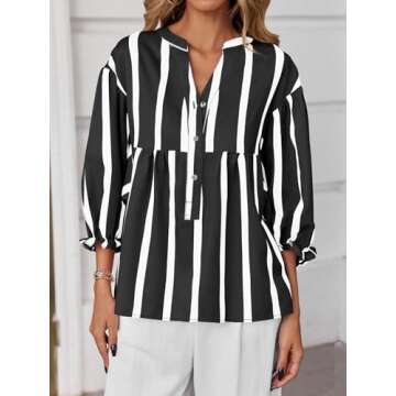 Tankaneo Women's Puff Sleeve Babydoll Tops - Trendy V Neck Striped Blouse for Summer