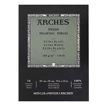 Arches Drawing Pad 9x12-inch Extra White 100% Cotton Drawing Paper - 16 Sheets of Arches 110lb Drawi...