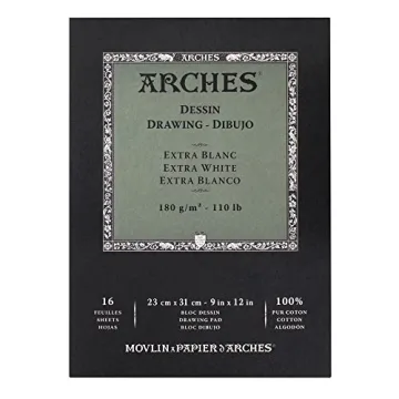 Arches Drawing Pad - 9x12 Extra White 100% Cotton - 16 Sheets of Quality Drawing Paper