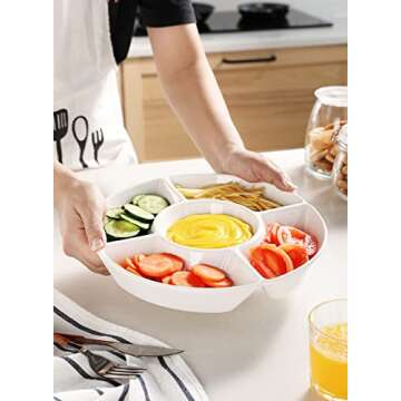 Sweese Chip & Dip Serving Set, Porcelain Divided Serving Platter, Relish Tray, Perfect for Chips and Dip, Veggies, Candy and Snacks, White