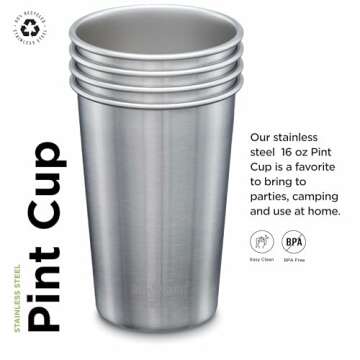Klean Kanteen Single Wall Stainless Steel Cups, Pint Glasses in 16oz, 4 pack