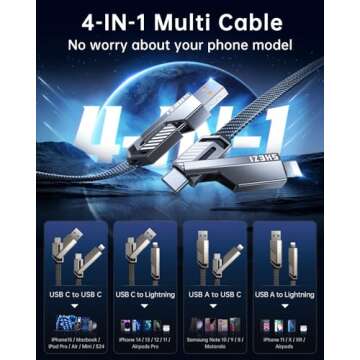 Vexipia 4-in-1 USB C Cable 60W Fast Charging Flat Nylon Braided for iPhone iPad Charger Cord [480Mbp...