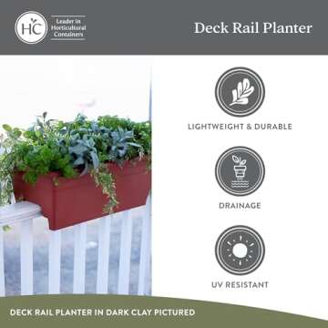 The HC Companies 24 Inch Deck Railing Planter Box - Decorative Lightweight Weatherproof Plastic Plant Pot for Outdoor Balcony, Porch, Garden, Fence, Black