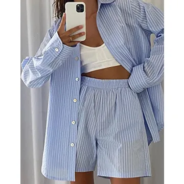 SAFRISIOR Women’s 2 Piece Casual Tracksuit Outfit Sets Stripe Long Sleeve Shirt And Loose High Waisted Mini Shorts Set