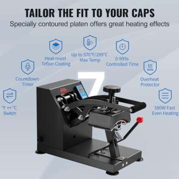 VEVOR Heat Press 6x3.75Inch Curved Element Hat Press Clamshell Design Heat Press for Hats Rigid Steel Frame No Stick Digital LCD Timer and Temperature Control (6x3.75Inch Clamshell Design)