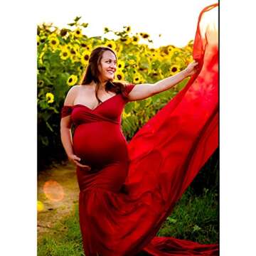 COSYOU Maternity Dress for Photoshoot Fluffy Pregnancy Party Flowy Baby Shower Dress Off Shoulder Soft Cotton Tops with Chiffon Train (Wine Red, One Size)