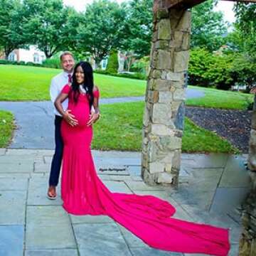 COSYOU Maternity Dress for Photoshoot Fluffy Pregnancy Party Flowy Baby Shower Dress Off Shoulder Soft Cotton Tops with Chiffon Train (Wine Red, One Size)