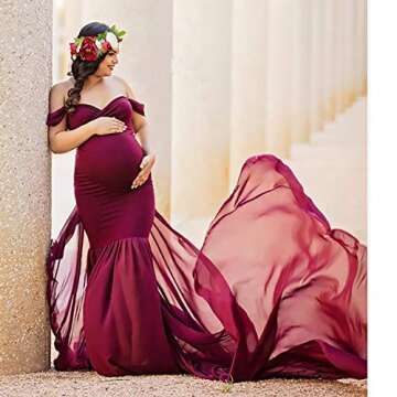 COSYOU Maternity Dress for Photoshoot Fluffy Pregnancy Party Flowy Baby Shower Dress Off Shoulder Soft Cotton Tops with Chiffon Train (Wine Red, One Size)