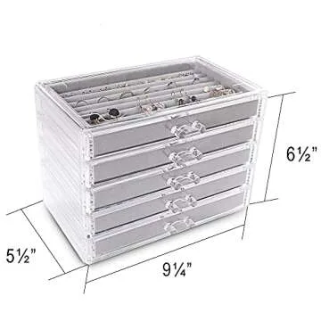 Frebeauty Extra Large Acrylic Jewelry Box for Women 5 Layers Clear Jewelry Organizer Velvet Earring Box with 5 Drawers Rings Display Case Necklaces Holder Tray for Women Girls (Grey)
